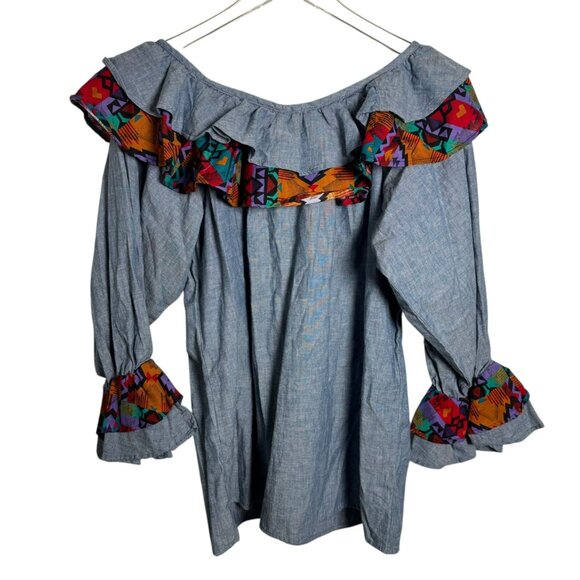 Vintage Pioneer Wear Southwest Ruffle Chambray Blouse Top Size Medium aztec - Picture 3 of 6